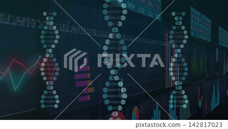 Displaying stylized DNA helices of circular nodes and bars on dark dashboard with neon line graphs Displaying stylized DNA helices of circular nodes and bars on dark dashboard with neon line graphs 142817023