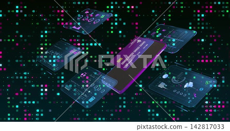 Displaying phone device projecting holographic dashboards in cyberspace, with purple credit card Displaying phone device projecting holographic dashboards in cyberspace, with purple credit card 142817033
