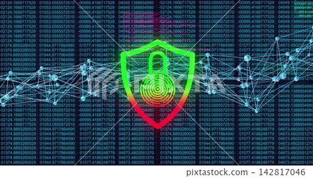 Pulsing shield with padlock and fingerprint hovering over code columns in cyberspace, glowing nodes Pulsing shield with padlock and fingerprint hovering over code columns in cyberspace, glowing nodes 142817046
