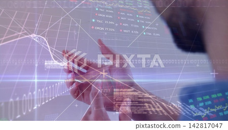 Holding adult hands scrolling smartphone screen in office, displaying financial charts and tickers Holding adult hands scrolling smartphone screen in office, displaying financial charts and tickers 142817047