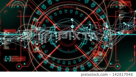 Showing linked node network across virtual HUD, displaying radial rings, hex frames, data panels Showing linked node network across virtual HUD, displaying radial rings, hex frames, data panels 142817048