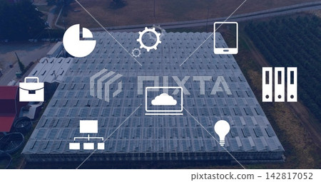 Showing greenhouse roof with clear panels, vent hatches, metal framing at farm, tech icons Showing greenhouse roof with clear panels, vent hatches, metal framing at farm, tech icons 142817052