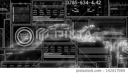 Displaying digital dashboard in console showing overlapping UI panels with circular gauge, numbers. Interface, futuristic, monochrome, binary, waveform, visualization, telemetry Displaying digital dashboard in console showing overlapping UI panels with circular gauge, numbers. Interface, futuristic, monochrome, binary, waveform, visualization, telemetry 142817089