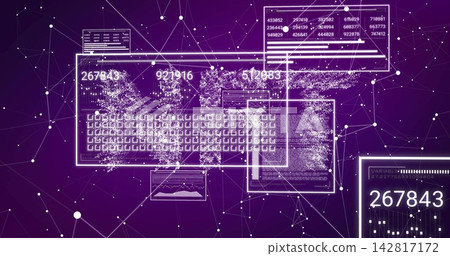 Displaying HUD panels and keyboard grid in cyberspace, linking nodes with flowing data clouds. Abstract, digital, neon, matrix, interface, streams, counters Displaying HUD panels and keyboard grid in cyberspace, linking nodes with flowing data clouds. Abstract, digital, neon, matrix, interface, streams, counters 142817172