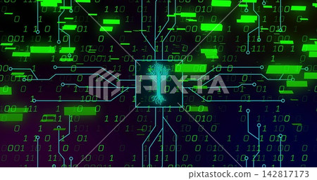 Pulsing cyan chip showing neural-tree sending blue line to cyber nodes with green blocks and 0s or 1s. Neon, futuristic, digital, network, dataflow, connectivity, cyberspace Pulsing cyan chip showing neural-tree sending blue line to cyber nodes with green blocks and 0s or 1s. Neon, futuristic, digital, network, dataflow, connectivity, cyberspace 142817173