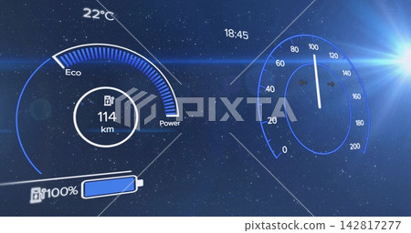 Displaying vehicle HUD over stars, showing speedometer, Eco or Power gauge, range 114 km, battery 100%. Futuristic, holographic, neon, blue, dashboard, readout, velocity Displaying vehicle HUD over stars, showing speedometer, Eco or Power gauge, range 114 km, battery 100%. Futuristic, holographic, neon, blue, dashboard, readout, velocity 142817277