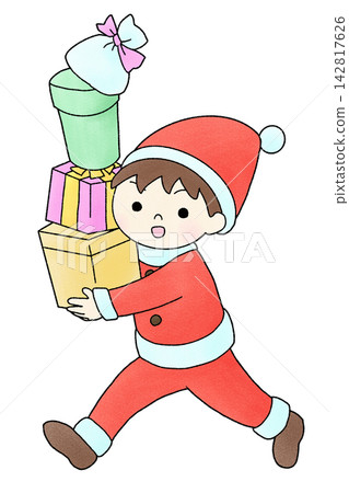 A hand-drawn illustration of a boy dressed as a red Santa Claus. A hand-drawn illustration of a boy dressed as a red Santa Claus. 142817626
