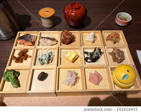 A Japanese breakfast with a wide variety of dishes at a hot spring inn: A traditional Japanese breakfast with many small dishes. A Japanese breakfast with a wide variety of dishes at a hot spring inn: A traditional Japanese breakfast with many small dishes. 142818435