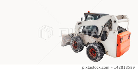 Compact skid steer loader features large tires and a front bucket, set against a clean white background, ideal for construction and industrial applications Compact skid steer loader features large tires and a front bucket, set against a clean white background, ideal for construction and industrial applications 142818589