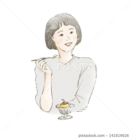 A short-haired woman enjoying pudding at a retro coffee shop. A short-haired woman enjoying pudding at a retro coffee shop. 142819026