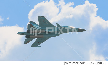 A Russian Air Force Sukhoi Su-34 fullback fighter-bomber in flight. A Russian Air Force Sukhoi Su-34 fullback fighter-bomber in flight. 142819085
