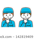 A set of illustrations depicting a smiling man and woman in work clothes, with one wearing a hat and the other resting their hand on their chin. 142819409