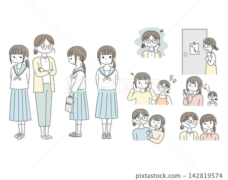 一組描繪青春期女孩與母親之間關係以及親子關係挑戰的插圖。 142819574