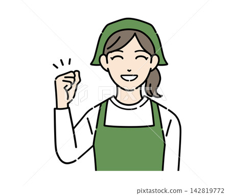 一幅插圖，描繪了一位身穿圍裙的年輕女店員做出勝利的手勢。 142819772