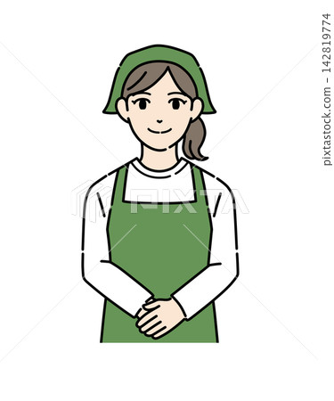 Illustration 1 of a young female shop assistant wearing an apron and bowing. Illustration 1 of a young female shop assistant wearing an apron and bowing. 142819774