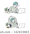 A set of illustrations of a male office worker doing desk work, computer work, and stretching. 142819865
