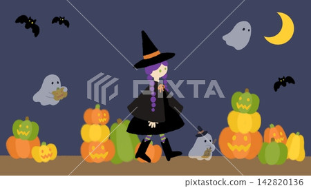 Halloween night and witches, illustrations of ghosts and pumpkins Halloween night and witches, illustrations of ghosts and pumpkins 142820136