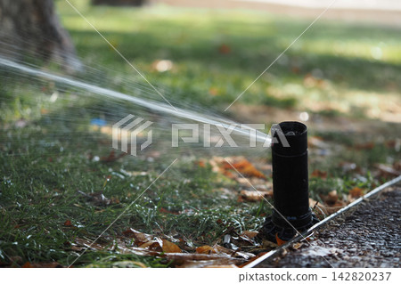 Sprinkler system watering grass during warm day in a park Sprinkler system watering grass during warm day in a park 142820237