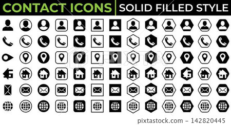 Solid filled contact icons set user, phone, location, home, email and globe flat vector ui ux symbols isolated on a white background. Solid filled contact icons set user, phone, location, home, email and globe flat vector ui ux symbols isolated on a white background. 142820445