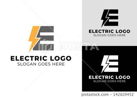 Initial E letter electric logo design. Electric vector logo design template featuring the letter e combined with a lightning bolt symbol in orange, grey, black, and white color variations for branding 142820452