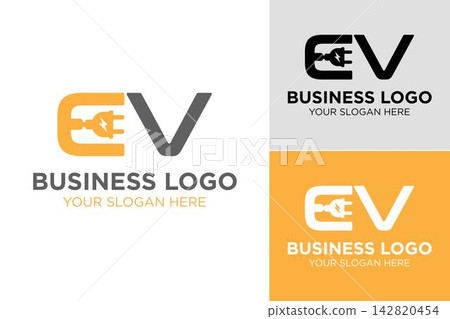 EV initial flat vector logo design for electrical company template featuring the letters E and V integrated with an electric plug symbol in isolated on orange, grey, black, and white color variations. 142820454