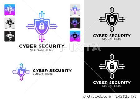 Cybersecurity vector logo design template with a shield and padlock, a digital protection emblem for technology company branding on a white background. Cybersecurity vector logo design template with a shield and padlock, a digital protection emblem for technology company branding on a white background. 142820455