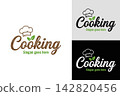 Cooking logo design flat vector template with chef hat and green leaves, typography emblem for restaurant or food business branding on white background Cooking logo design flat vector template with chef hat and green leaves, typography emblem for restaurant or food business branding on white background 142820456