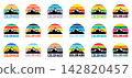 Colorado mountain logo flat vector illustration set with retro sunset stripes vintage outdoor adventure emblem collection on a white background. 142820457