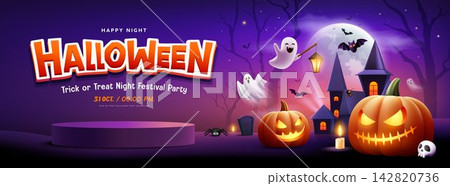 Happy Halloween podium display, Night castle, pumpkin, ghosts and bat flying, banner design Happy Halloween podium display, Night castle, pumpkin, ghosts and bat flying, banner design 142820736