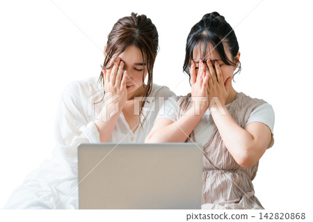 Women, friends, fellow mothers, and colleagues using a laptop together (crying, sad, shocked) Women, friends, fellow mothers, and colleagues using a laptop together (crying, sad, shocked) 142820868