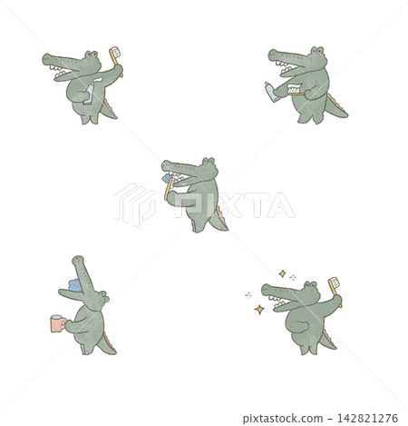 A set of cute crocodile illustrations depicting a scene of brushing teeth. A set of cute crocodile illustrations depicting a scene of brushing teeth. 142821276