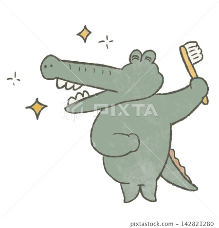 An illustration of a cute, smiling, sparkling clean crocodile after brushing its teeth. An illustration of a cute, smiling, sparkling clean crocodile after brushing its teeth. 142821280