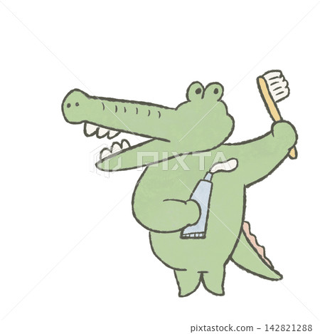An illustration of a cute crocodile dispensing toothpaste. An illustration of a cute crocodile dispensing toothpaste. 142821288