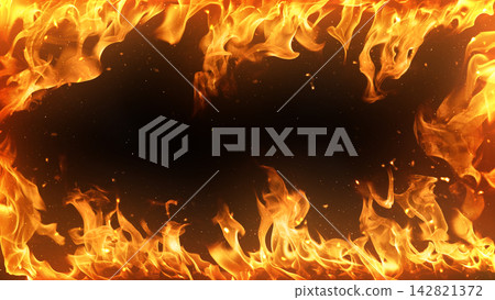 Fiery flame border with glowing sparks surrounding a dark center with copy space. Fire background Fiery flame border with glowing sparks surrounding a dark center with copy space. Fire background 142821372