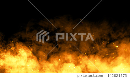 Vibrant fire flames and flying glowing sparks burning along the bottom edge against a dark black background with copy space. Fire background Vibrant fire flames and flying glowing sparks burning along the bottom edge against a dark black background with copy space. Fire background 142821373