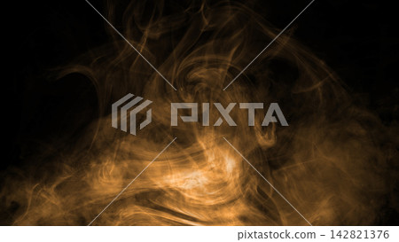 Golden amber smoke swirling dynamically against a dark black background, forming a glowing abstract texture. Smoke background Golden amber smoke swirling dynamically against a dark black background, forming a glowing abstract texture. Smoke background 142821376