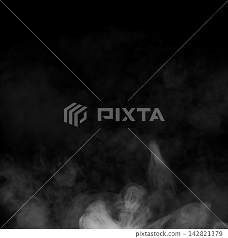 White smoke or vapor rising from the bottom against a deep black background, creating an abstract and mysterious atmospheric effect. Fire background White smoke or vapor rising from the bottom against a deep black background, creating an abstract and mysterious atmospheric effect. Fire background 142821379