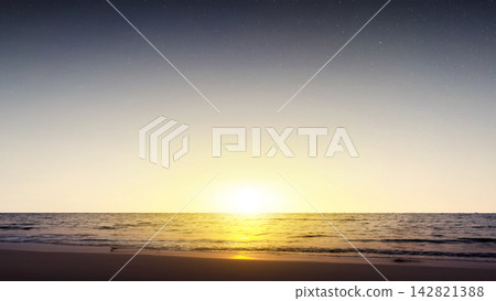 A twilight scene on a serene beach, with the sun setting on the horizon over the ocean under a clear, starry night sky, casting a golden glow on the water and sandy shore. Morning scene background A twilight scene on a serene beach, with the sun setting on the horizon over the ocean under a clear, starry night sky, casting a golden glow on the water and sandy shore. Morning scene background 142821388