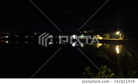 Night view of illuminated waterfront edge with foliage Night view of illuminated waterfront edge with foliage 142821459