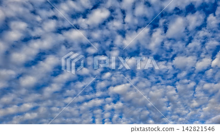 Fluffy white altocumulus clouds on vibrant blue sky Fluffy white altocumulus clouds on vibrant blue sky 142821546