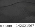 A black, three-dimensional background featuring a Japanese-style design of clouds and wave patterns. 142821567