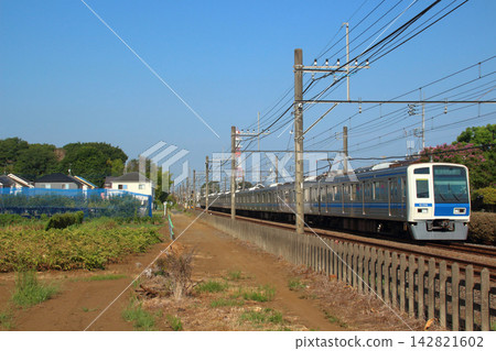 A Seibu Haijima Line 6000 series train travels through a field in Kodaira City (Ogawa-cho, Kodaira City, Tokyo). 142821602