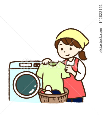 An illustration of a woman doing housework and bringing in laundry. An illustration of a woman doing housework and bringing in laundry. 142822161
