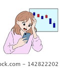 A woman holds her head in her hands as she looks at stock prices on her smartphone. 142822202