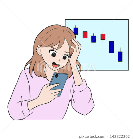 A woman holds her head in her hands as she looks at stock prices on her smartphone. A woman holds her head in her hands as she looks at stock prices on her smartphone. 142822202