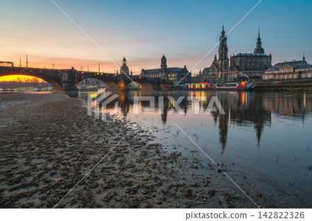 Dresden Germany sunrise city skyline at Elbe River and Augustus Bridge Dresden Germany sunrise city skyline at Elbe River and Augustus Bridge 142822326