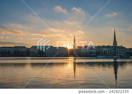 Hamburg Germany sunrise city skyline at Alster Lake Hamburg Germany sunrise city skyline at Alster Lake 142822335