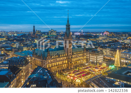 Hamburg Germany high angle night view Christmas market at Rathaus City Hall Square Hamburg Germany high angle night view Christmas market at Rathaus City Hall Square 142822336