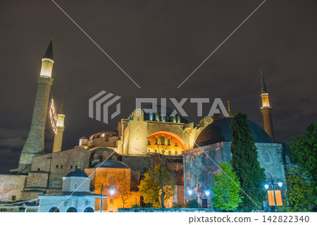 Istanbul Turkiye (Turkey) time lapse night city skyline at Hagia Sophia Grand Mosque 142822340