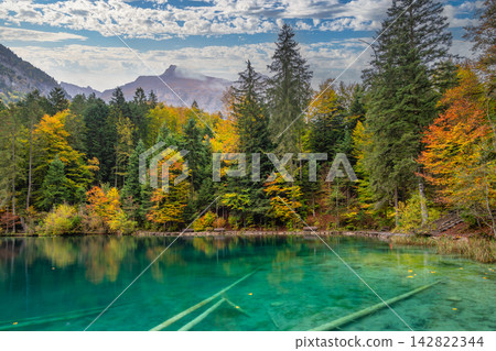 Blausee Switzerland, nature landscape at blue lake in autumn season Blausee Switzerland, nature landscape at blue lake in autumn season 142822344